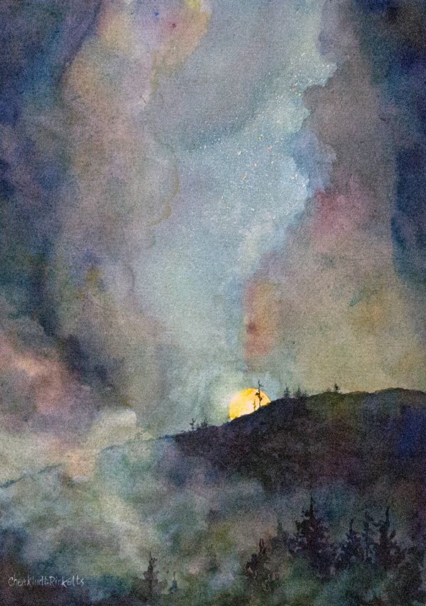 Watercolor, 31" x 37", framed. Light rain falls through pearlescent clouds onto hillside.