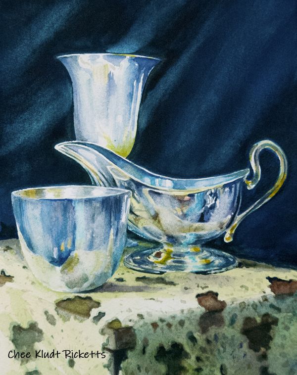 watercolor still life of silver objects